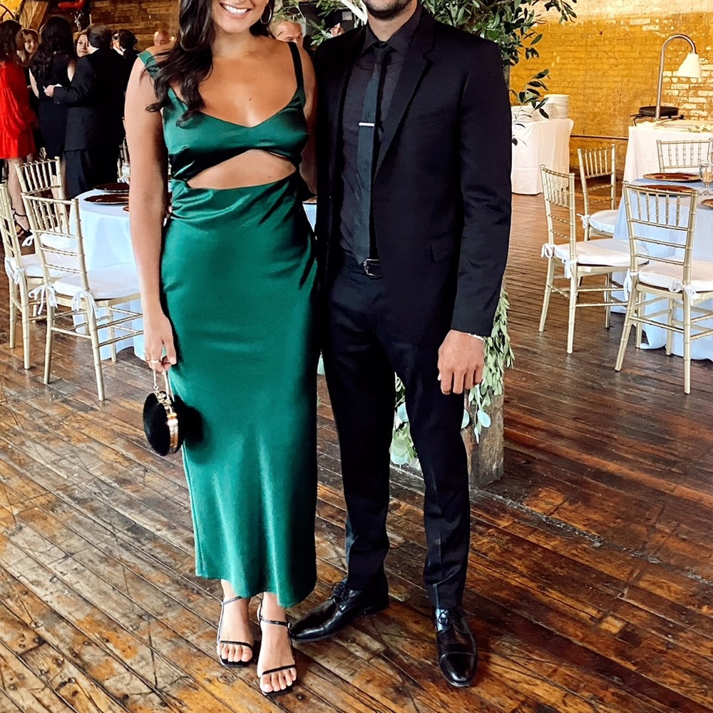 Green satin midi dress
